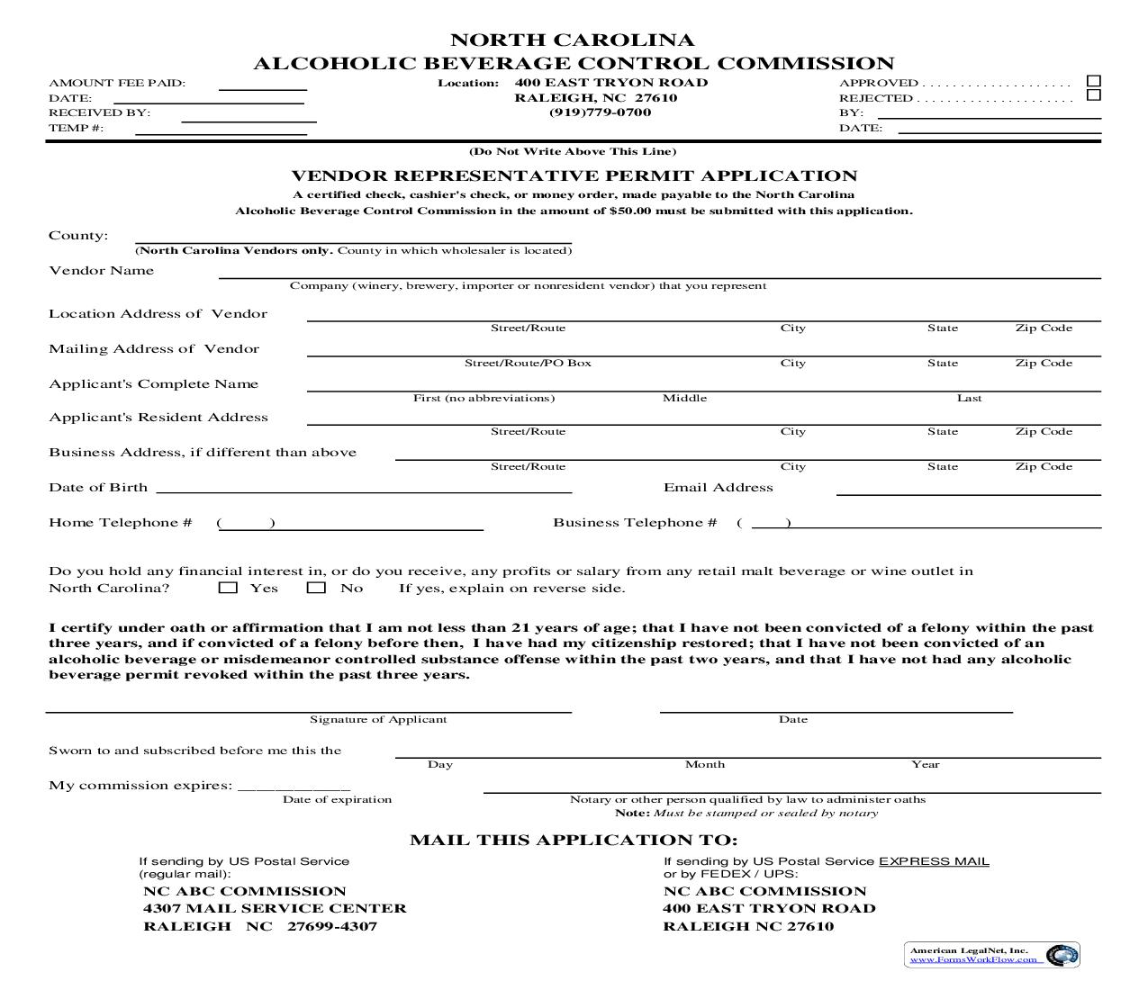 Vendor Representative Permit Application | Pdf Fpdf Doc Docx | North Carolina