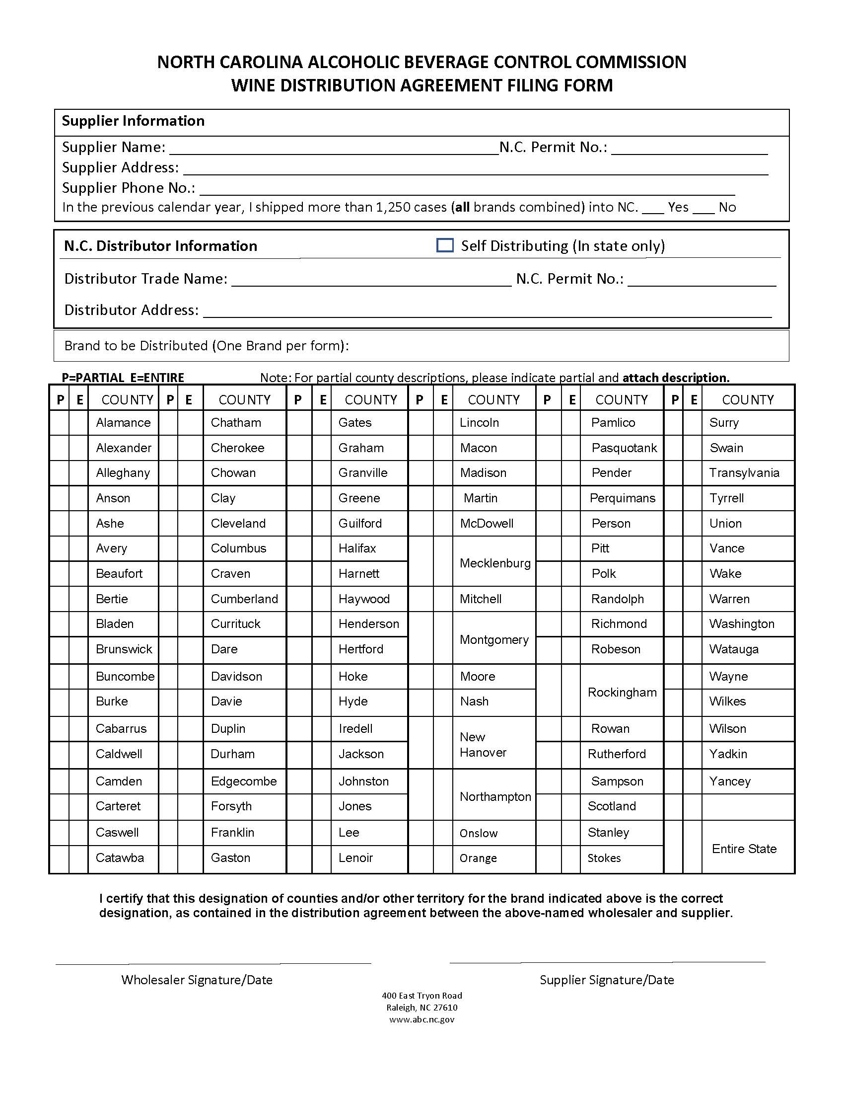Wine Distribution Agreement Filing Form | Pdf Fpdf Doc Docx | North Carolina