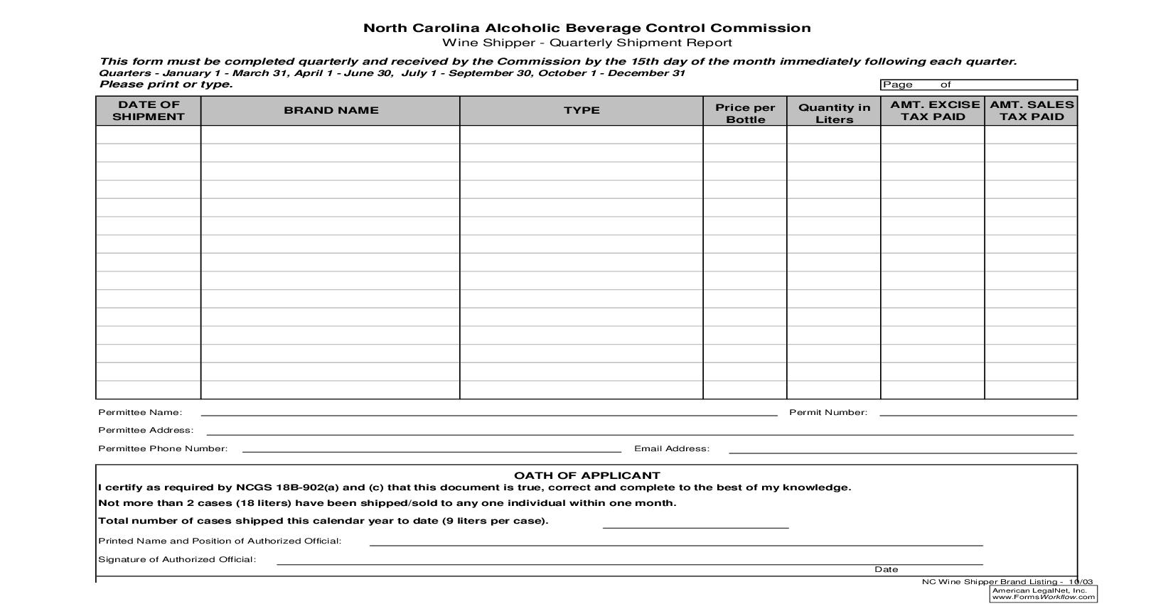 Wine Shipper - Quarterly Shipment Report | Pdf Fpdf Doc Docx | North Carolina