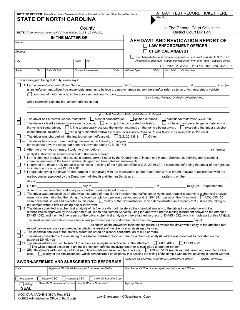 Affidavit And Revocation Report Of Law Enforcement Officer Or Chemical Analyst {CVR-1A} | Pdf Fpdf Docx | North Carolina
