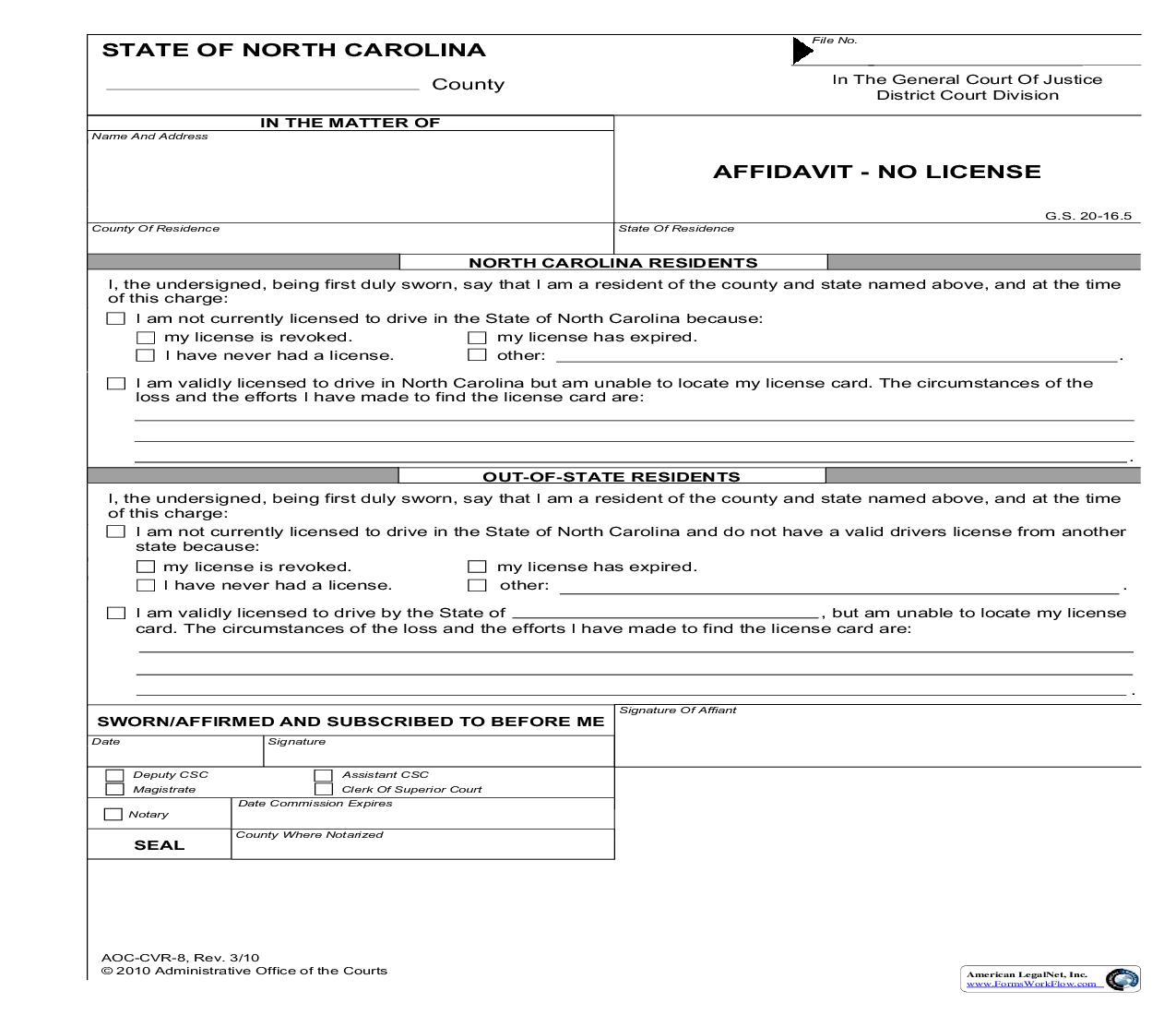Affidavit No License {CVR-8} | Pdf Fpdf Doc Docx | North Carolina