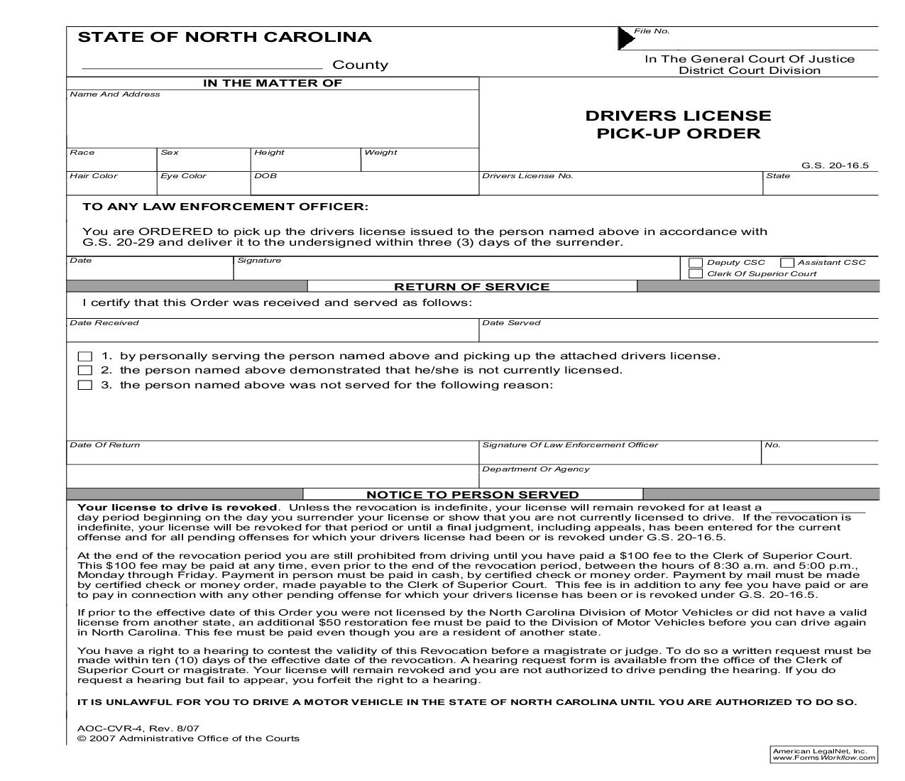 Drivers License Pick Up Order {CVR-4} | Pdf Fpdf Doc Docx | North Carolina
