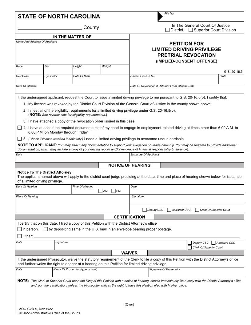Petition For Limited Driving Privilege Pretrial Revocation Implied Consent Offense {CVR-9} | Pdf Fpdf Doc Docx | North Carolina