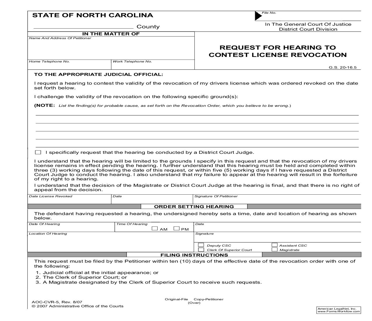 Request For Hearing To Contest License Revocation {CVR-5} | Pdf Fpdf Doc Docx | North Carolina