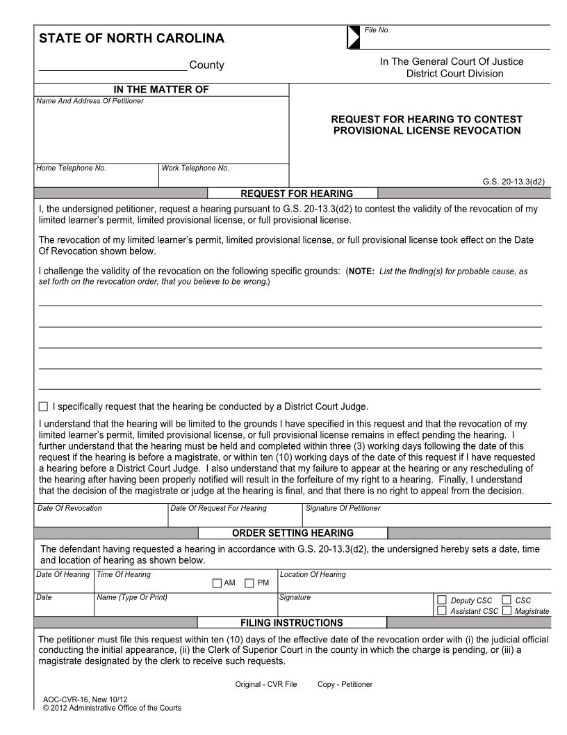 Request For Hearing To Contest Provisional License Revocation {CVR-16} | Pdf Fpdf Docx | North Carolina