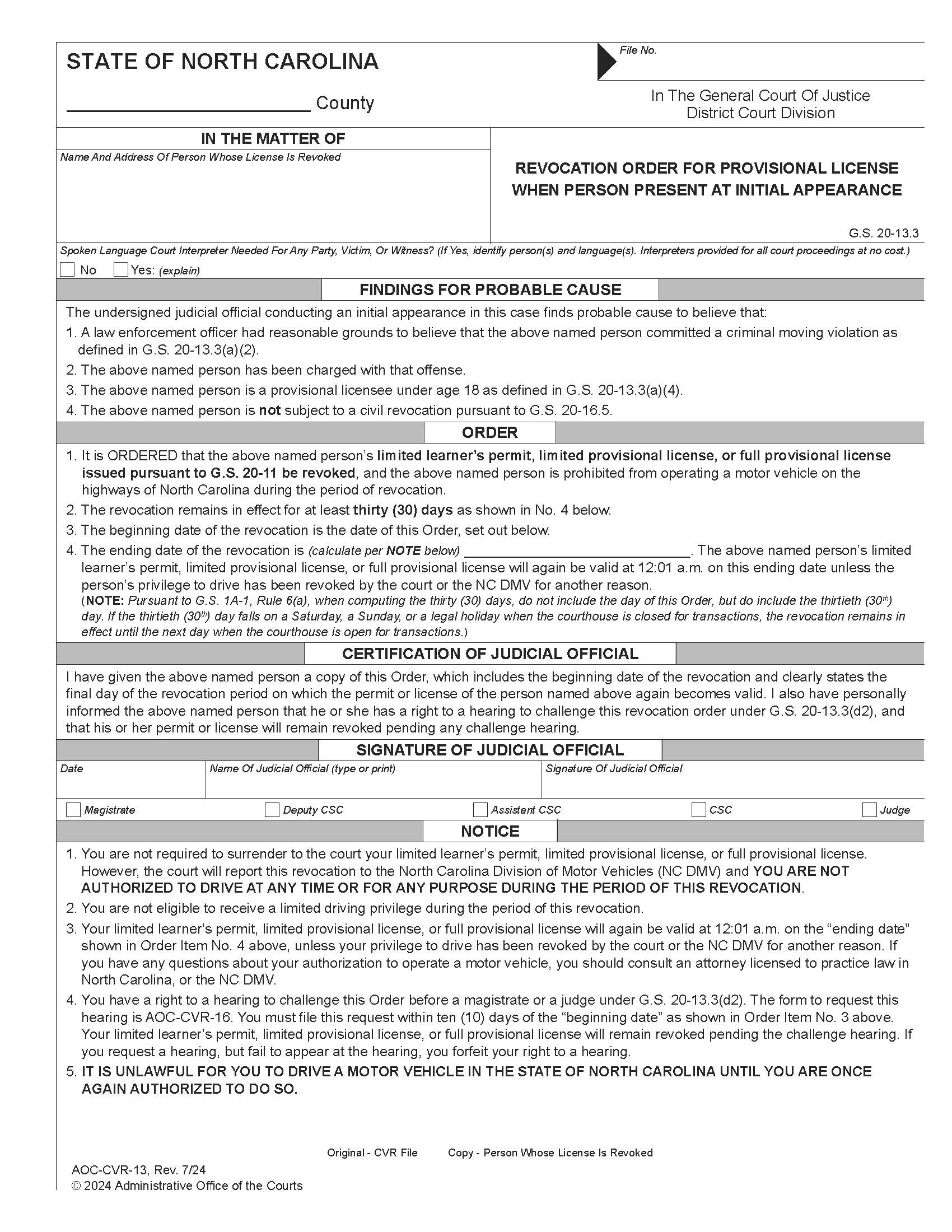 Revocation Order For Provisional License When Person Present At Initial Appearance {CVR-13} | Pdf Fpdf Docx | North Carolina