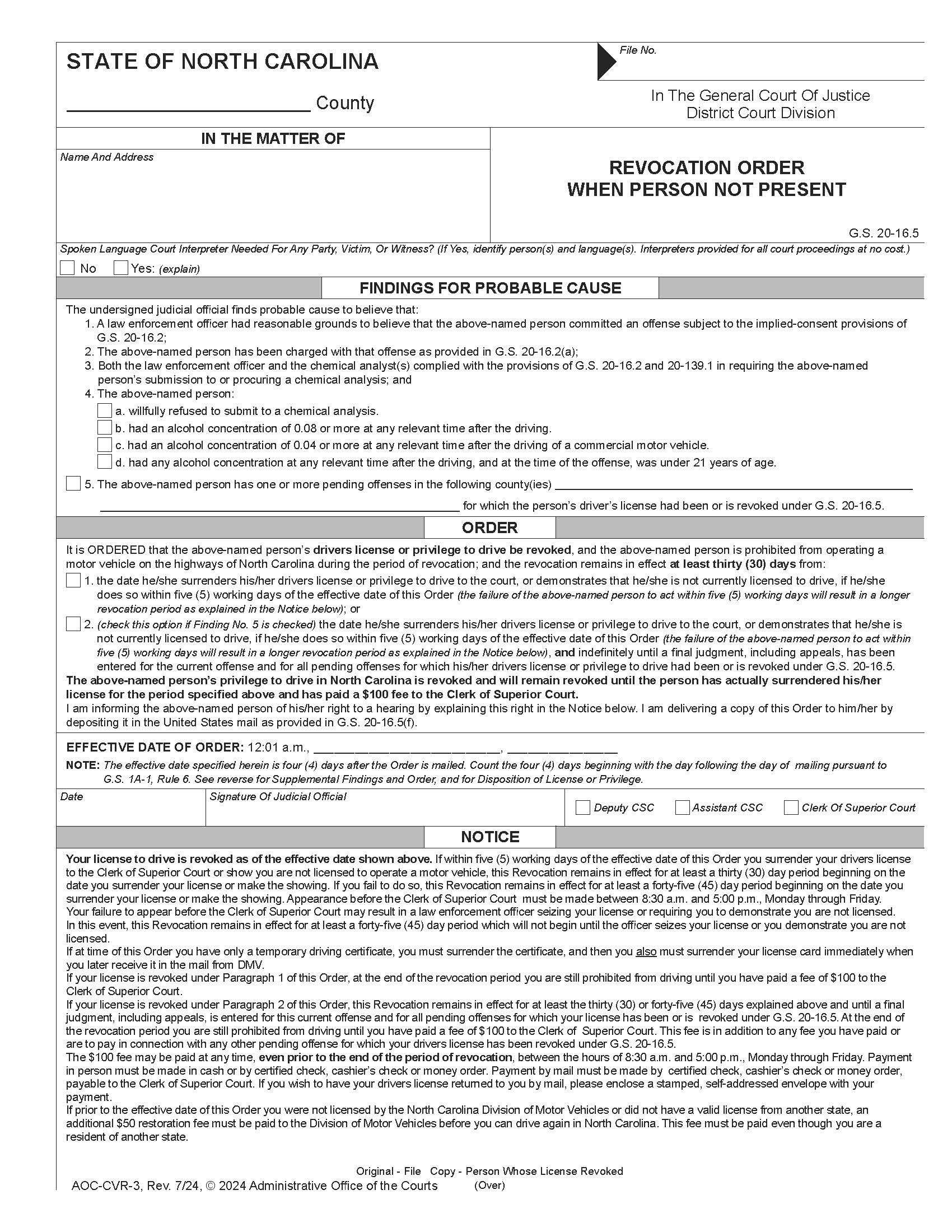 Revocation Order When Person Not Present {CVR-3} | Pdf Fpdf Doc Docx | North Carolina