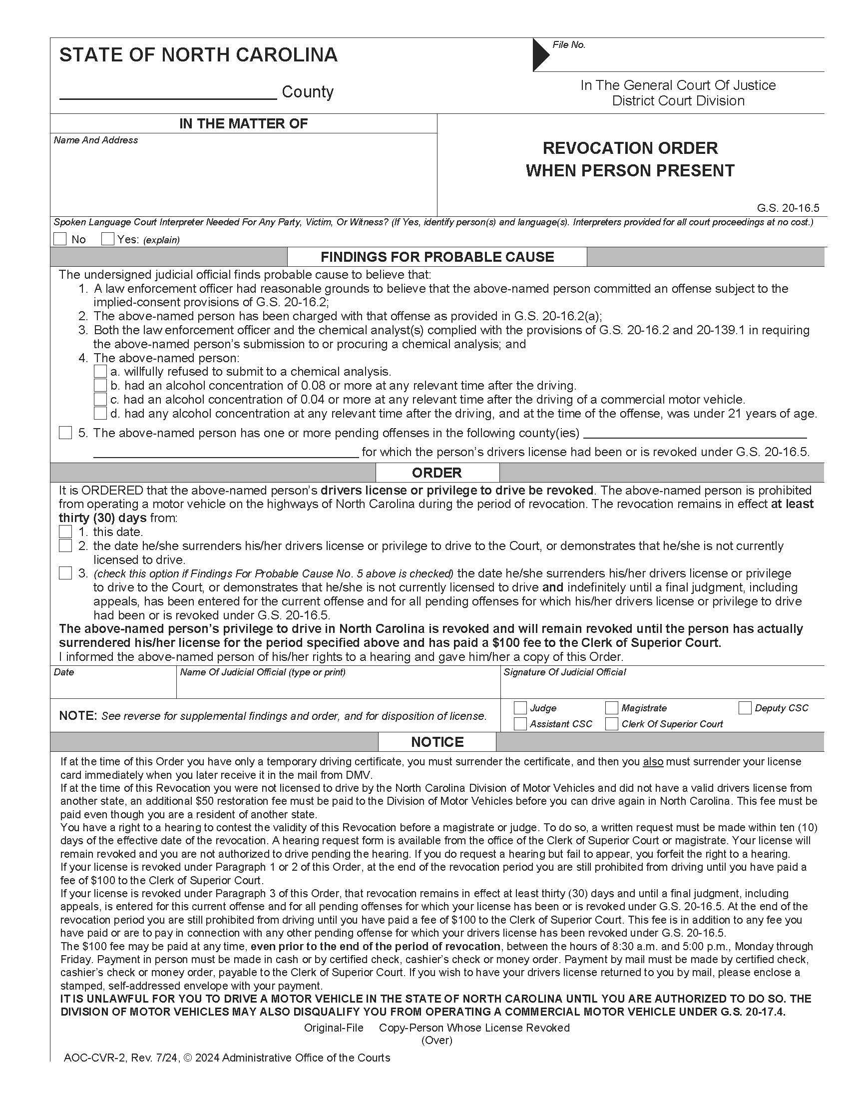 Revocation Order When Person Present {CVR-2} | Pdf Fpdf Doc Docx | North Carolina
