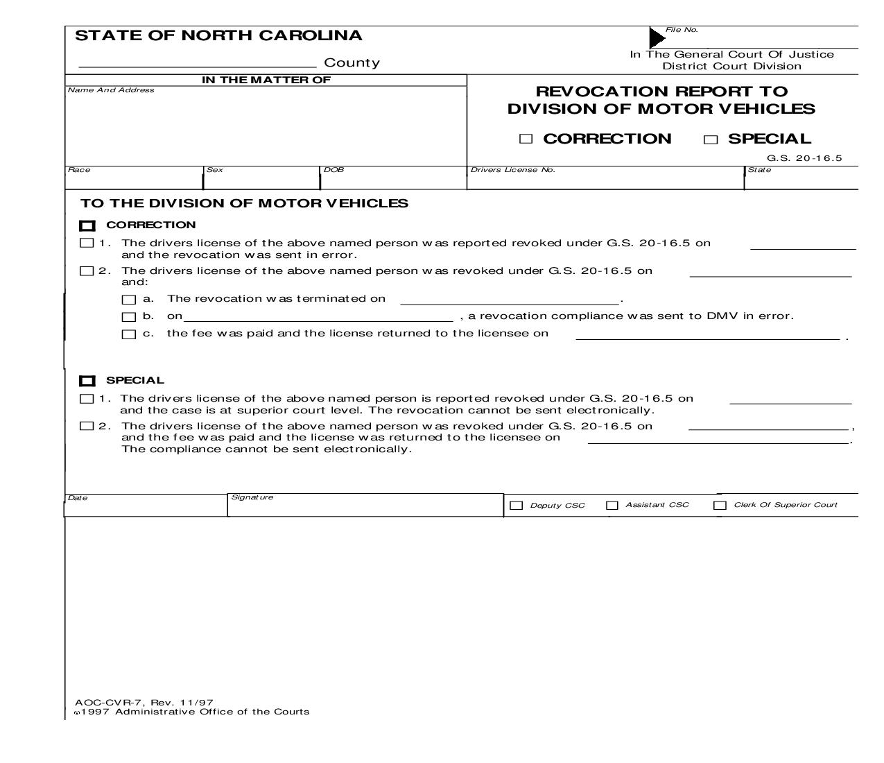 Revocation Report To Division Of Motor Vehicles {CVR-7} | Pdf Fpdf Doc Docx | North Carolina