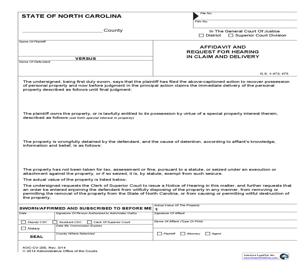 Affidavit And Request For Hearing In Claim And Delivery {CV-200} | Pdf Fpdf Doc Docx | North Carolina