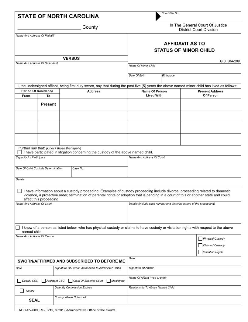 Affidavit As To Status Of Minor Child {CV-609} | Pdf Fpdf Doc Docx | North Carolina