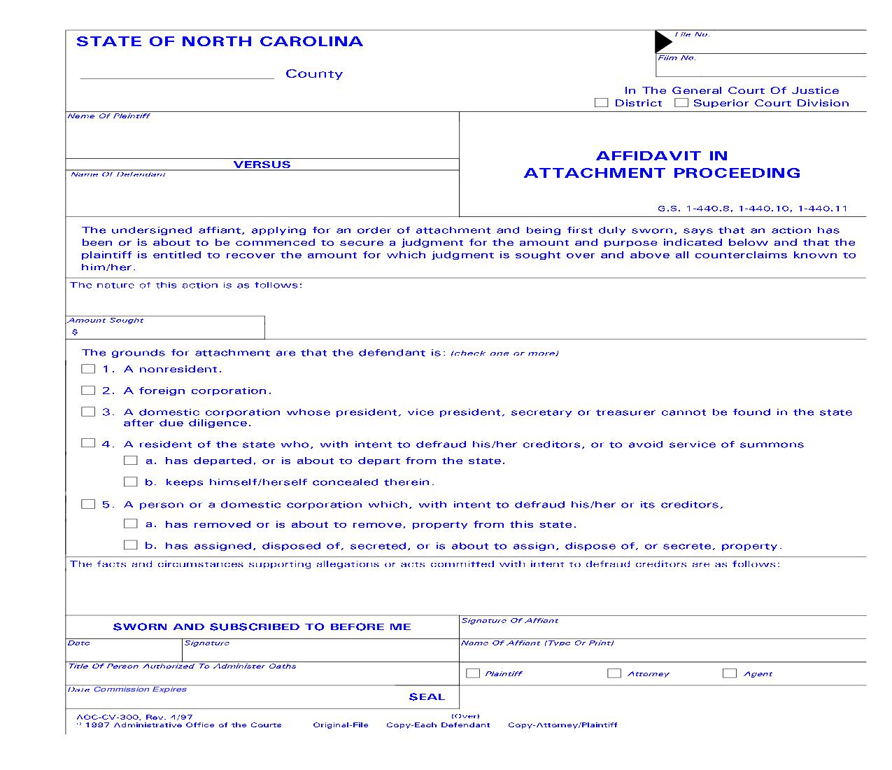 Affidavit In Attachment Proceeding {CV-300} | Pdf Fpdf Doc Docx | North Carolina