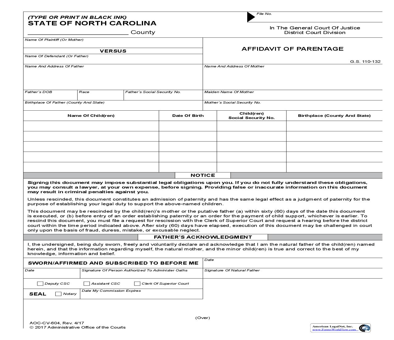 Affidavit Of Parentage {CV-604} | Pdf Fpdf Doc Docx | North Carolina