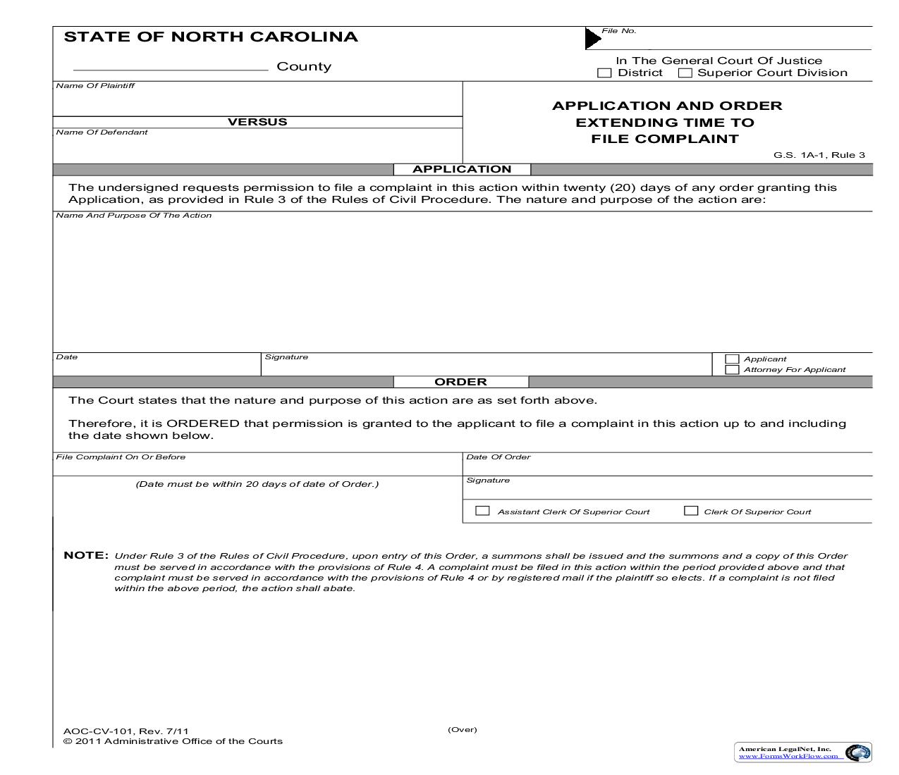 Application And Order Extending Time to File Complaint {CV-101} | Pdf Fpdf Doc Docx | North Carolina