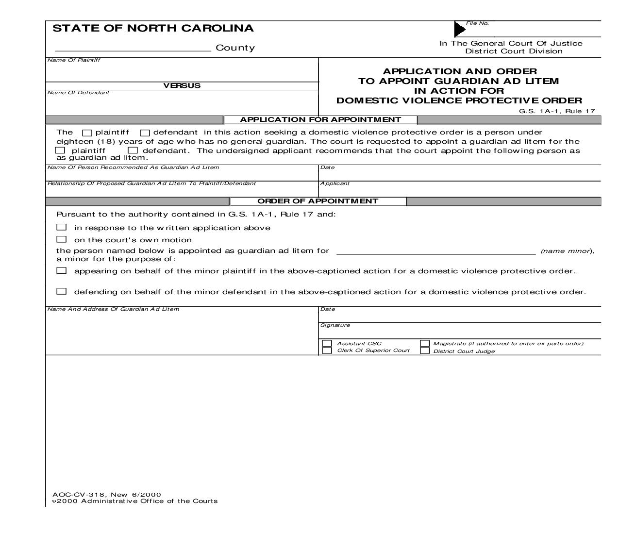 Application And Order To Appoint Guardian Ad Litem In Action For Domestic Violence Protective Order {CV-318} | Pdf Fpdf Doc Docx | North Carolina