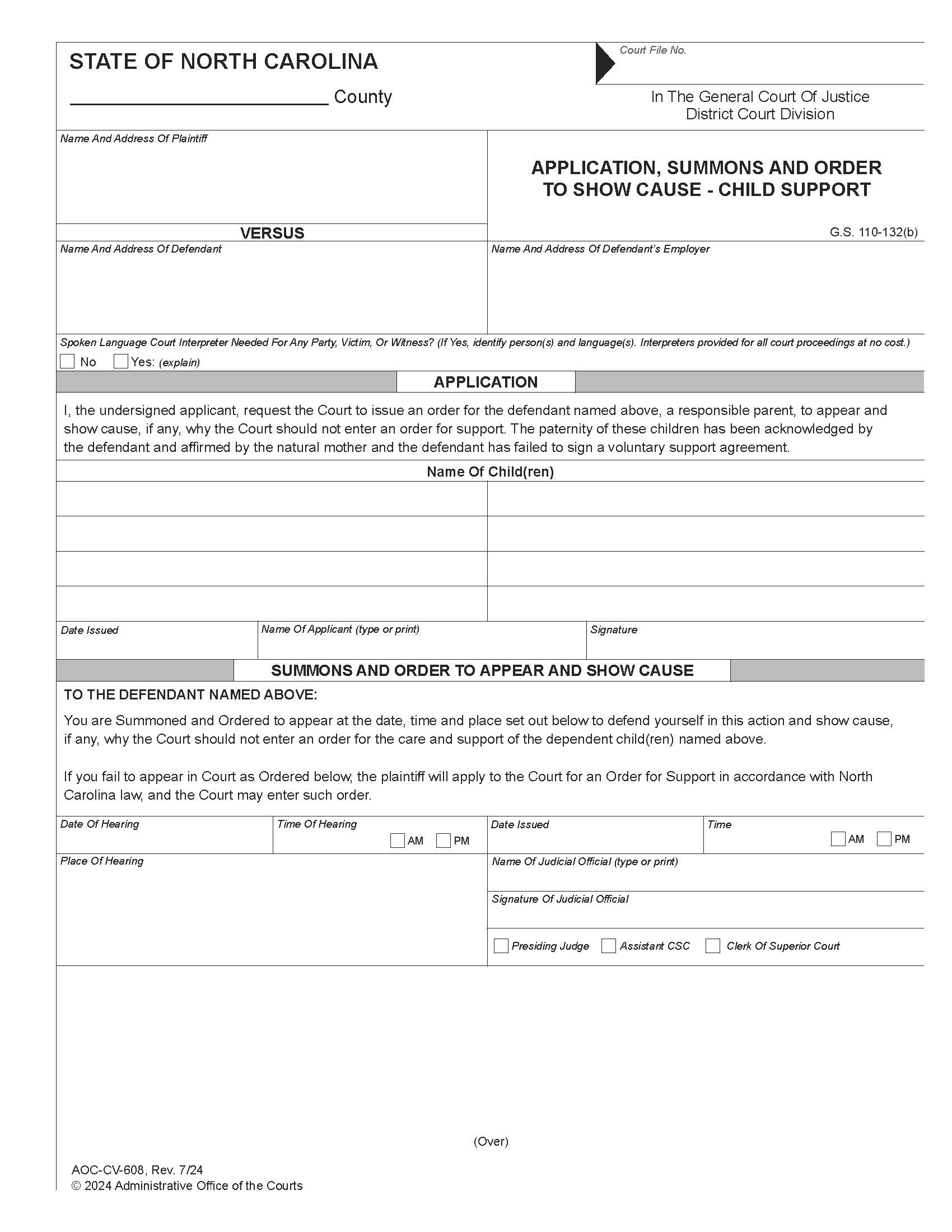 Application Summons And Order To Show Cause Child Support {CV-608} | Pdf Fpdf Doc Docx | North Carolina