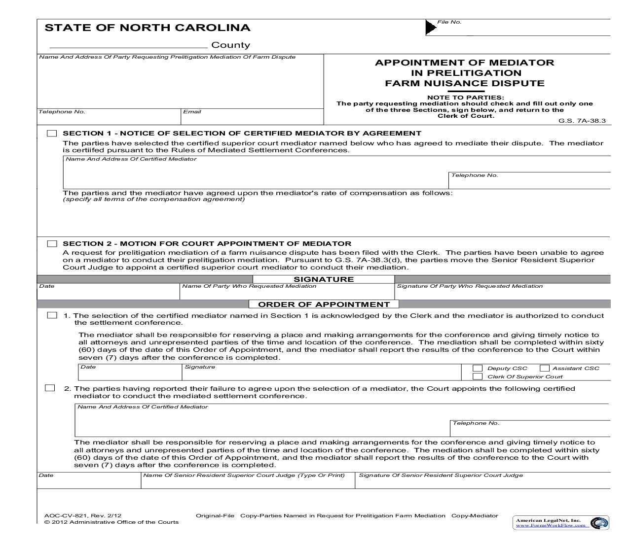 Appointment Of Mediator In Prelitigation Farm Nuisance Dispute {CV-821} | Pdf Fpdf Doc Docx | North Carolina