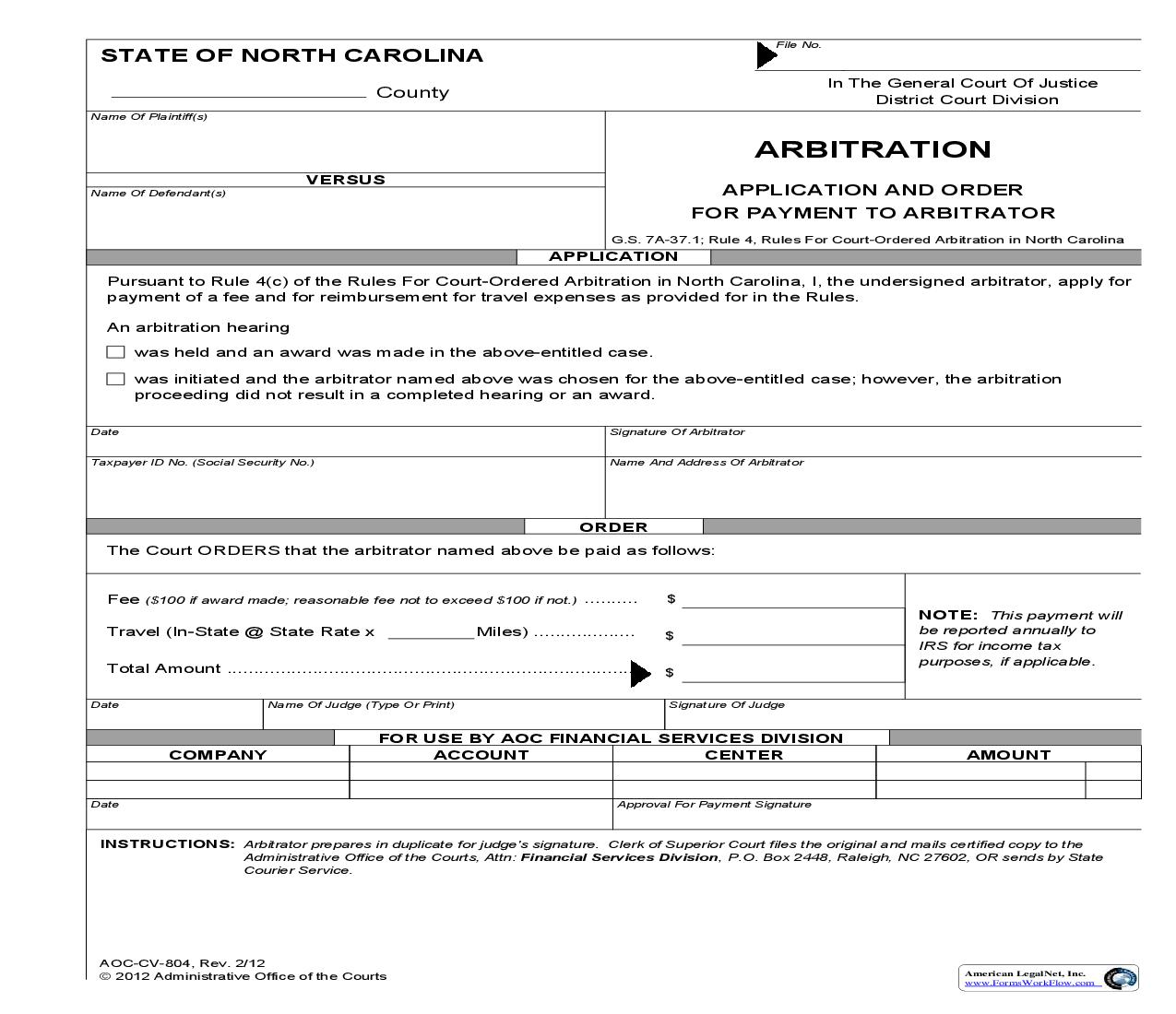 Arbitration Application And Order For Payment To Arbitrator {CV-804} | Pdf Fpdf Doc Docx | North Carolina