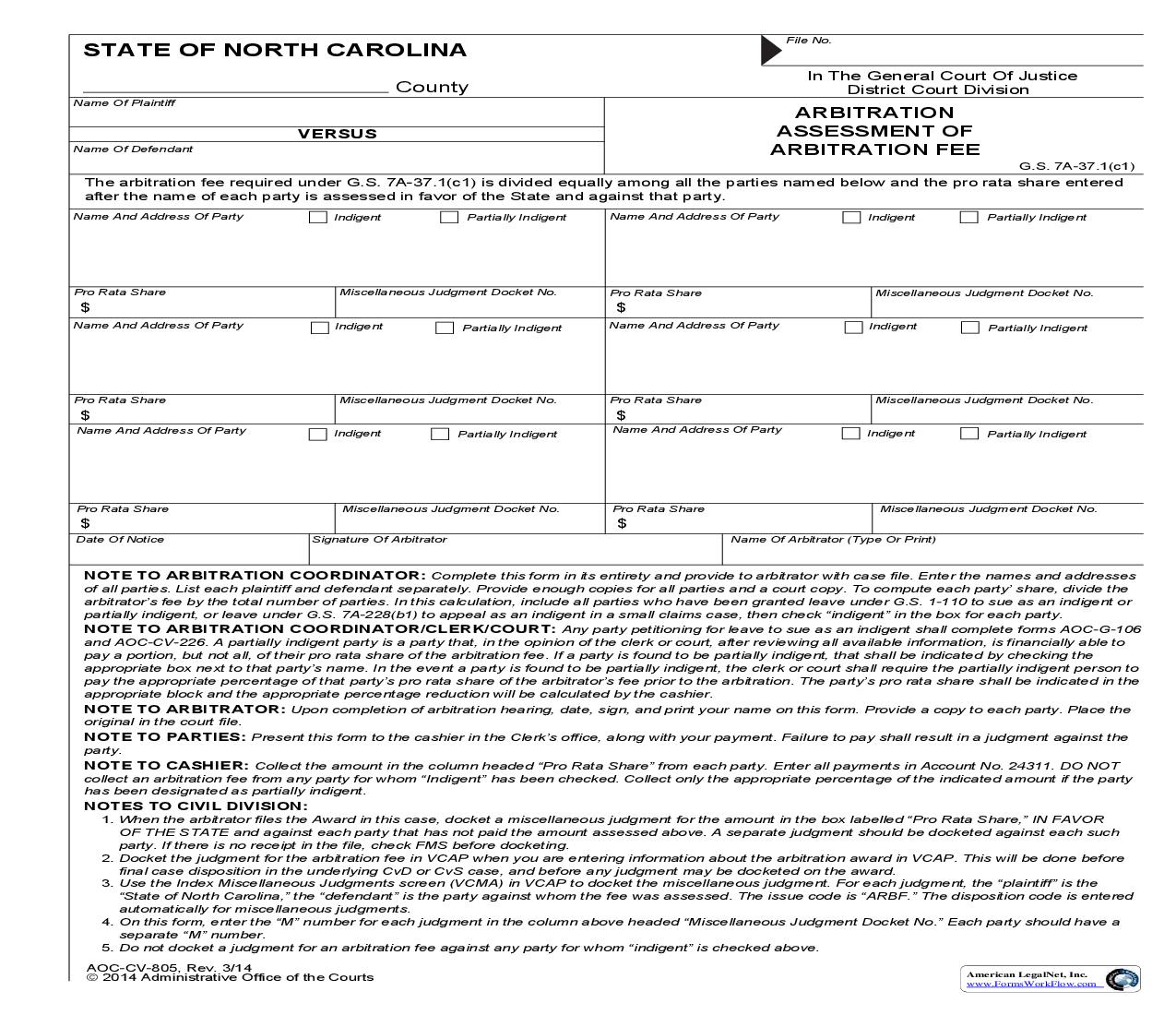 Arbitration Assessment Of Arbitration Fee {CV-805} | Pdf Fpdf Doc Docx | North Carolina
