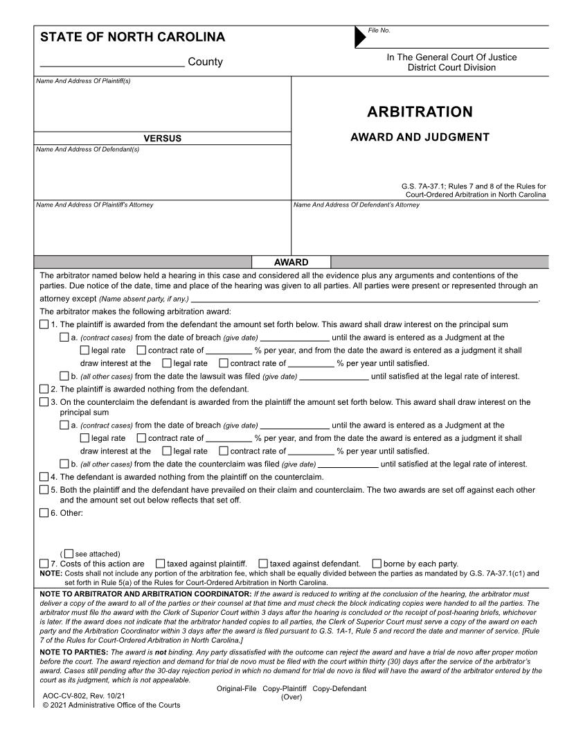 Arbitration Award And Judgment {CV-802} | Pdf Fpdf Docx | North Carolina