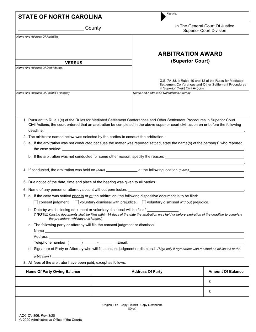 Arbitration Award Superior Court {CV-806} | Pdf Fpdf Docx | North Carolina