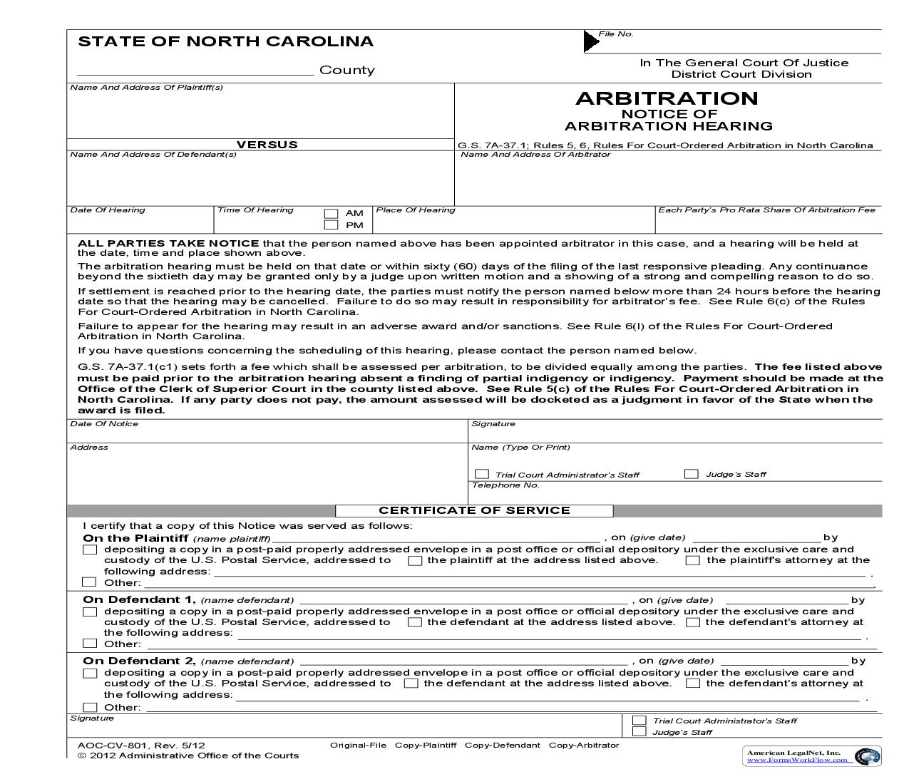 Arbitration Notice Of Arbitration Hearing {CV-801} | Pdf Fpdf Doc Docx | North Carolina