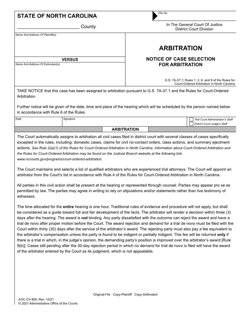 Arbitration Notice Of Case Selection For Arbitration {CV-800} | Pdf Fpdf Docx | North Carolina