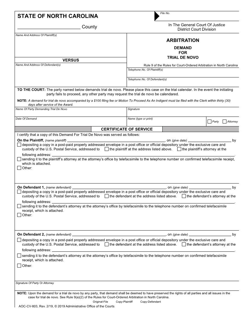Arbitration Request For Trial De Novo {CV-803} | Pdf Fpdf Docx | North Carolina