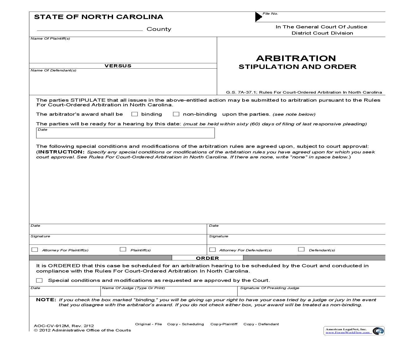 Arbitration Stipulation And Order {CV-912M} | Pdf Fpdf Doc Docx | North Carolina