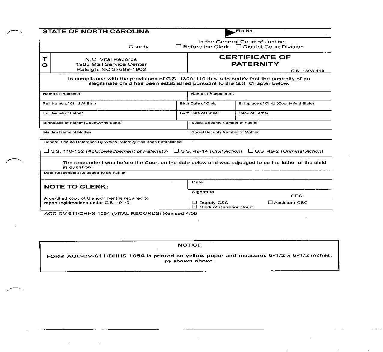 Certificate Of Paternity {CV-611} |  | North Carolina
