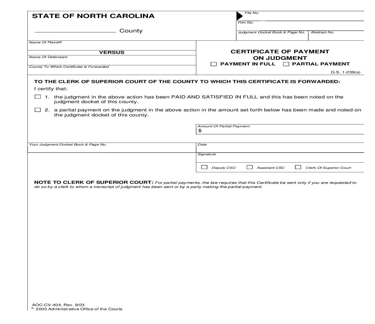 Certificate Of Payment On Judgment {CV-404} | Pdf Fpdf Doc Docx | North Carolina