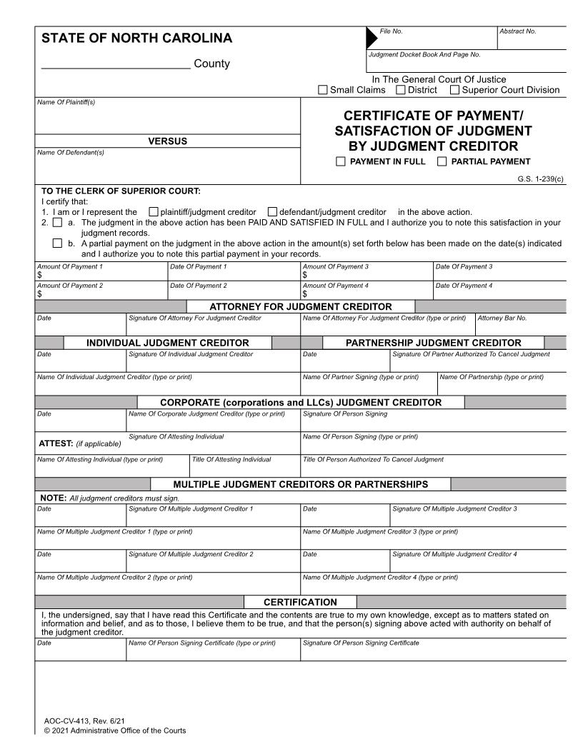 Certificate Of Payment Satisfaction Of Judgment By Judgment Creditor Payment In Full Partial Payment {CV-413} | Pdf Fpdf Doc Docx | North Carolina