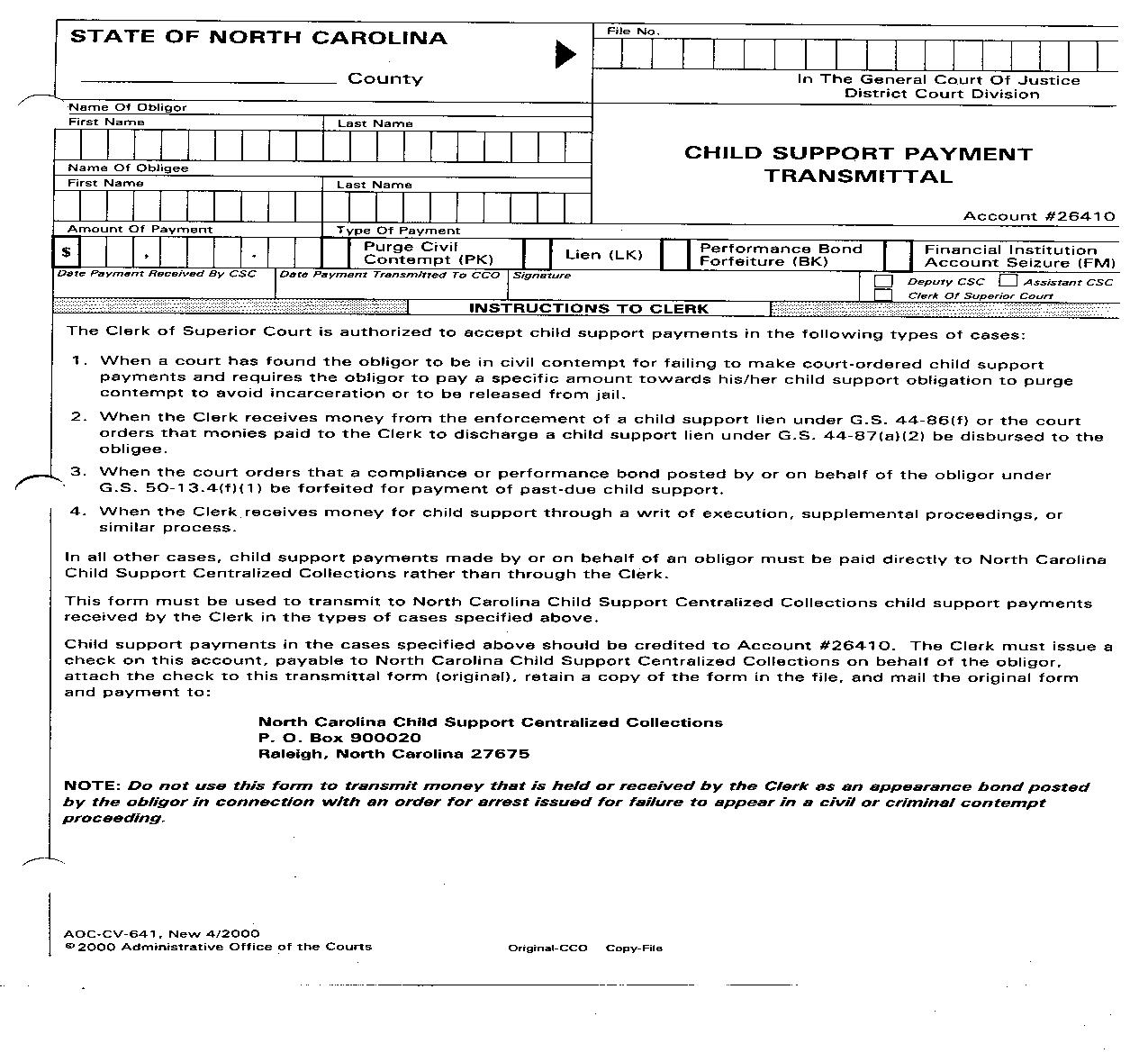 Child Support Payment Transmittal {CV-641} | Pdf Fpdf Doc Docx | North Carolina