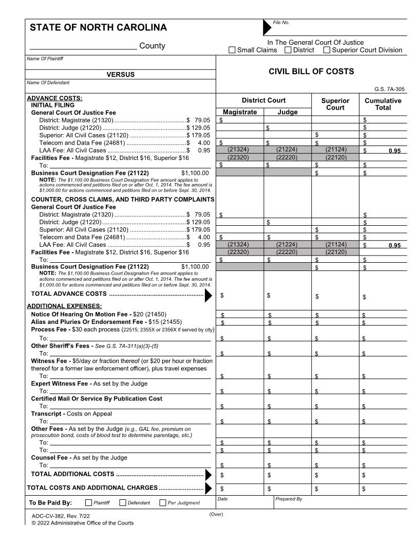 Civil Bill Of Costs {CV-382} | Pdf Fpdf Docx | North Carolina