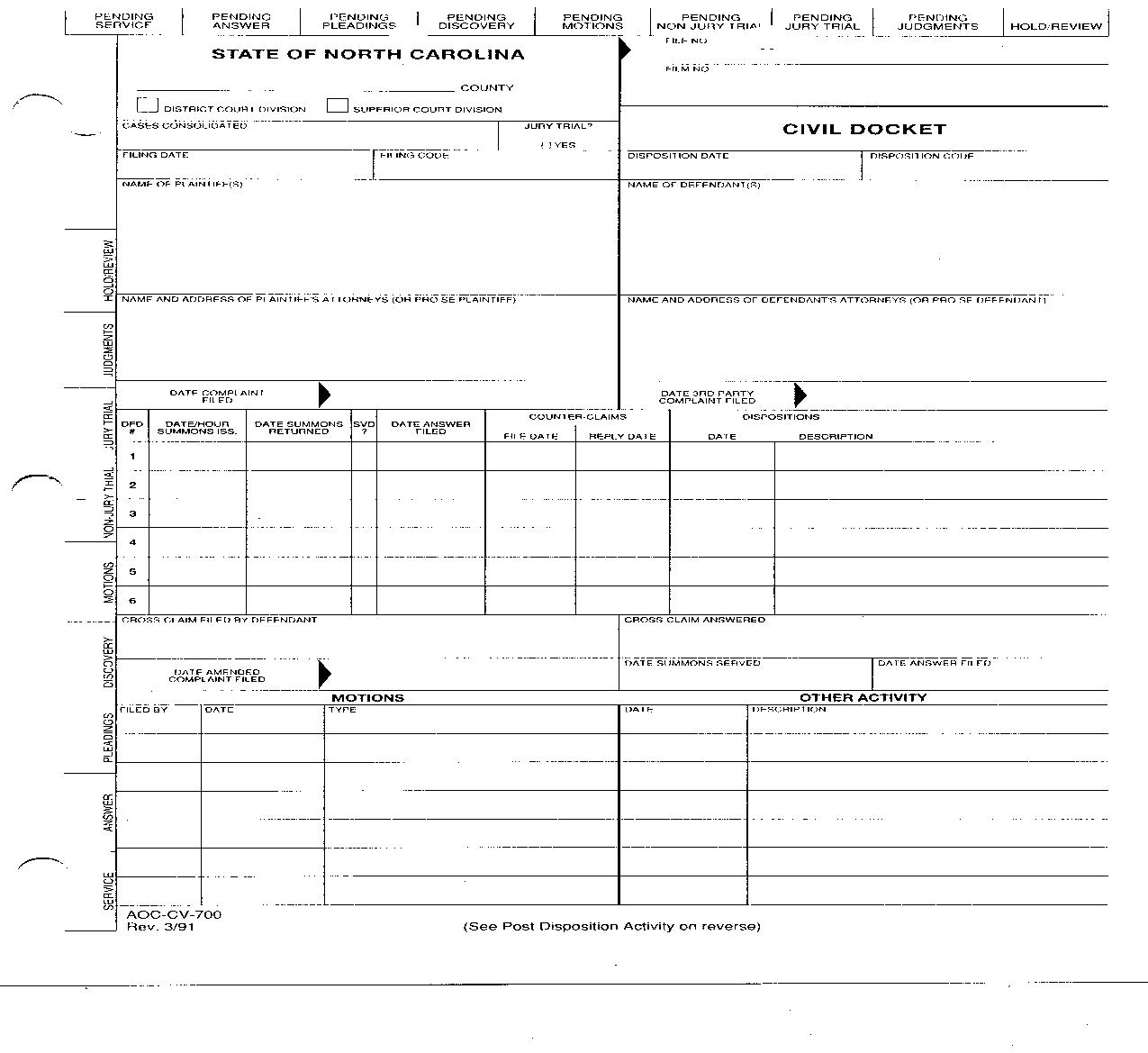 Civil Docket {CV-700} |  | North Carolina