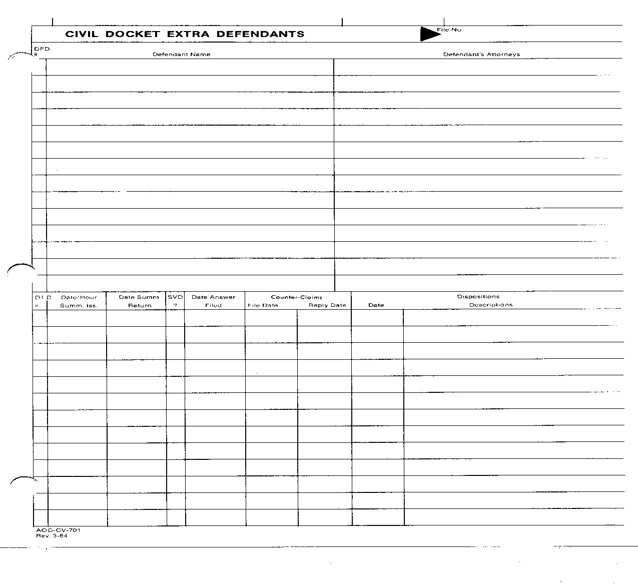 Civil Docket Extra Defendants {CV-701} |  | North Carolina