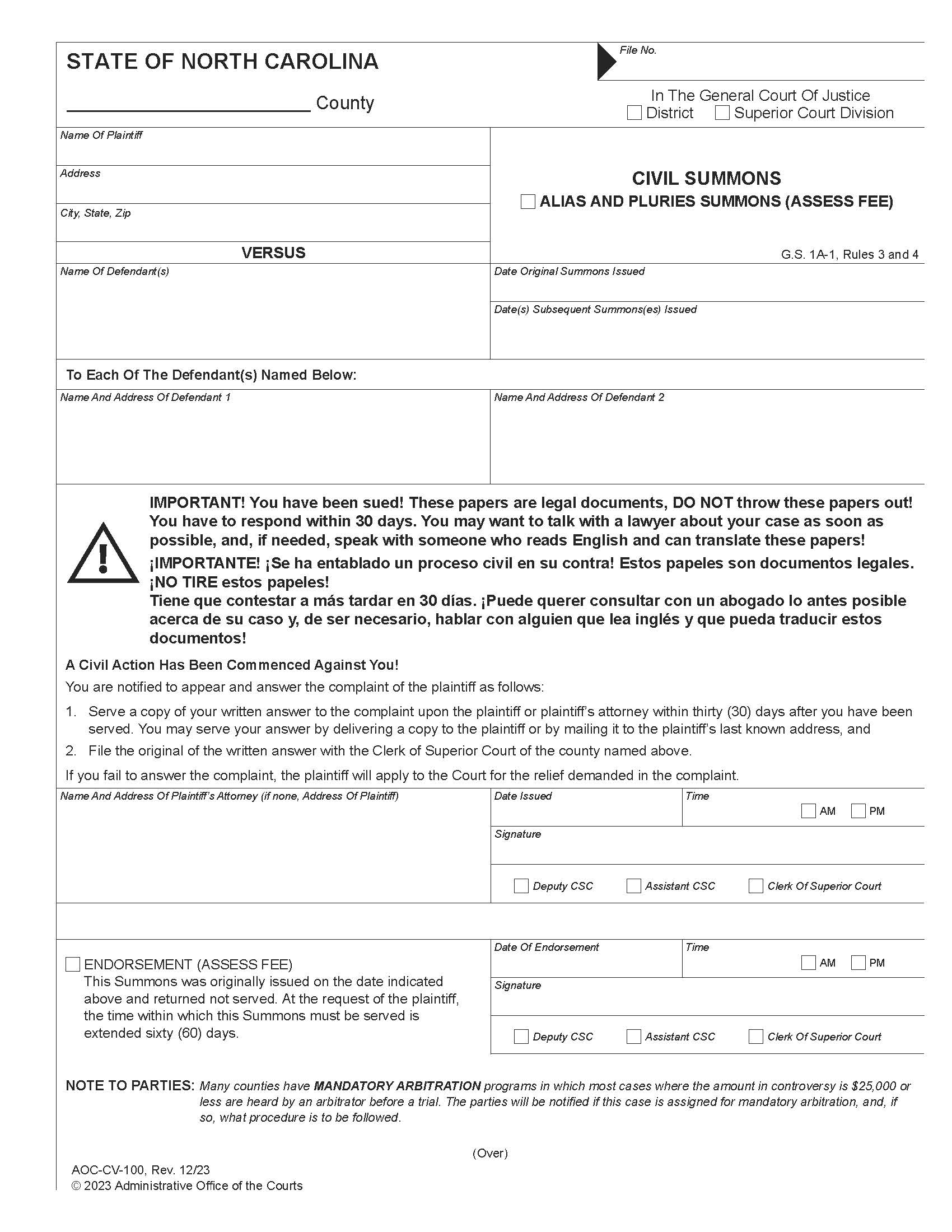 Civil Summons {CV-100} | Pdf Fpdf Docx | North Carolina