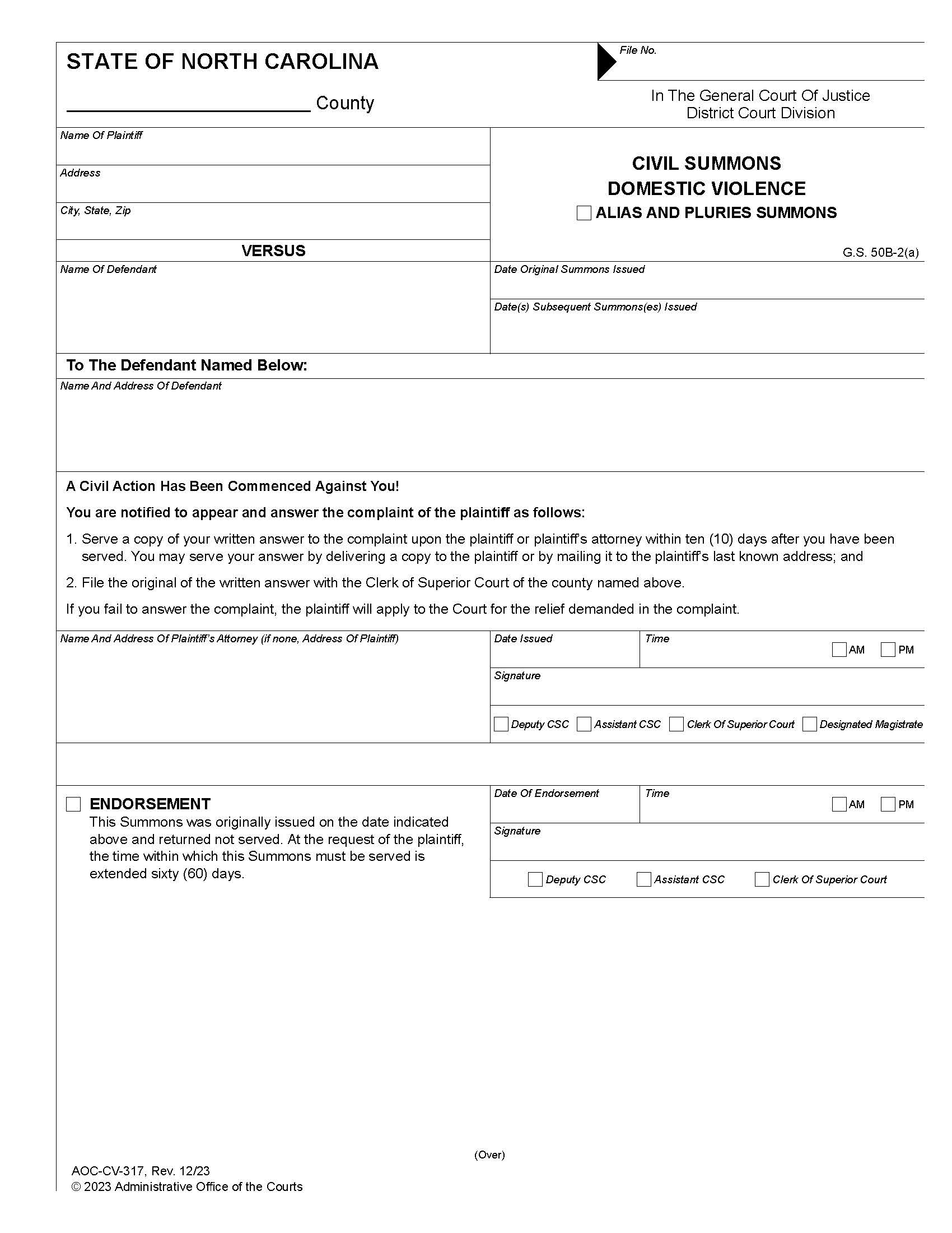 Civil Summons Domestic Violence {CV-317} | Pdf Fpdf Doc Docx | North Carolina