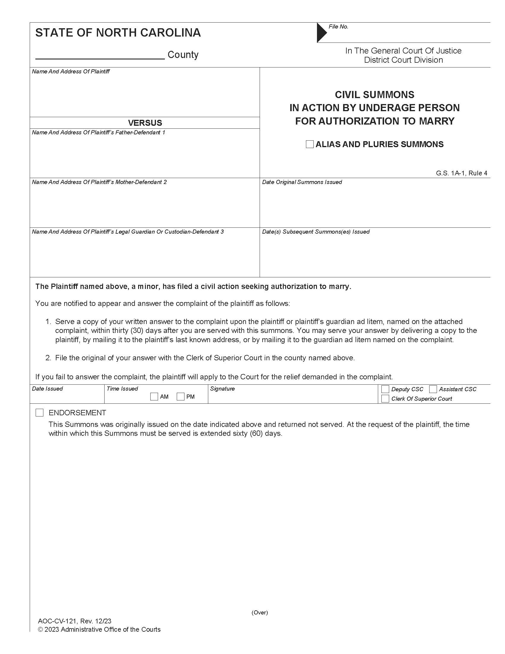 Civil Summons In Action By Underage Person For Authorization To Marry {CV-121} | Pdf Fpdf Doc Docx | North Carolina
