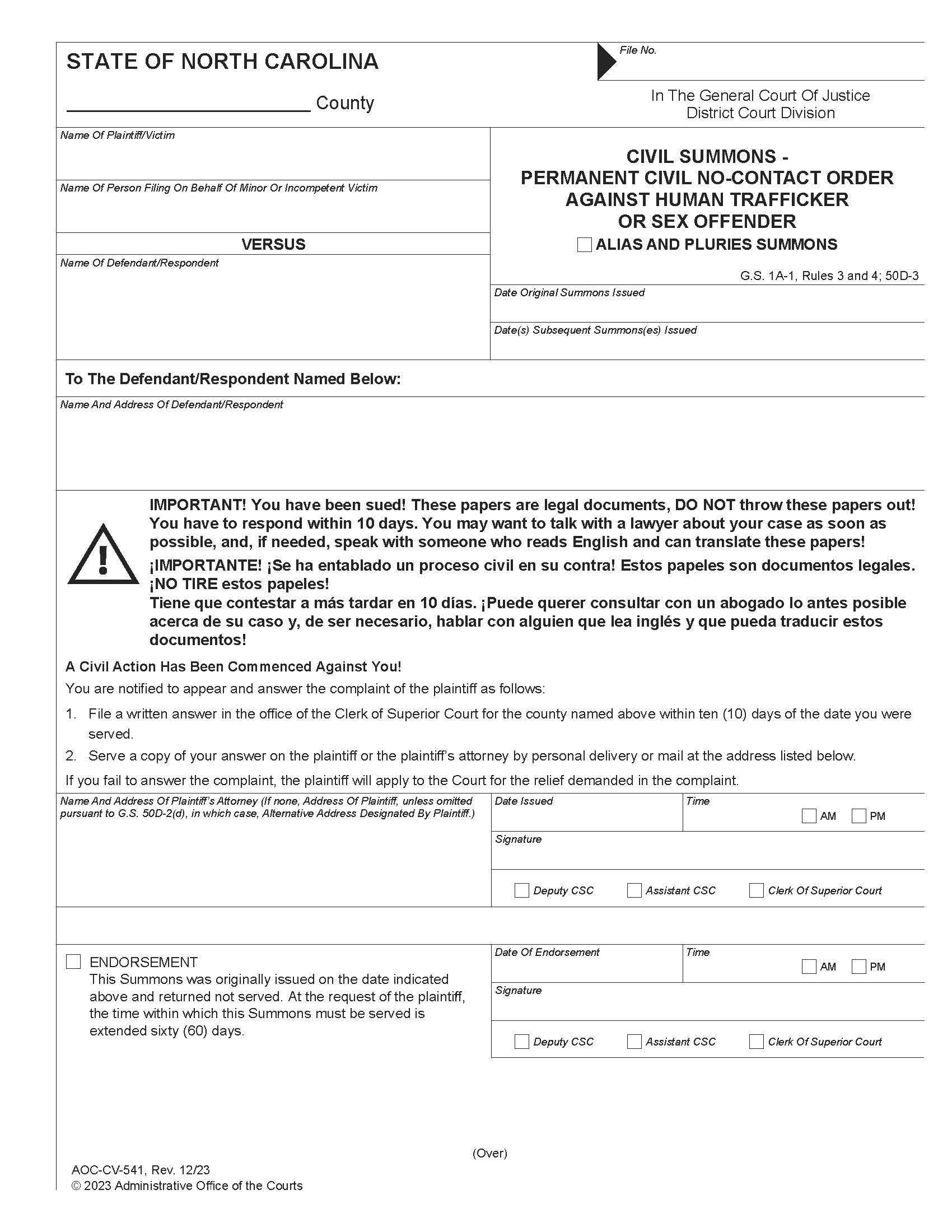 Civil Summons Permanent Civil No Contact Order Against Sex Offender Alias And Pluries Summons {CV-541} | Pdf Fpdf Doc Docx | North Carolina
