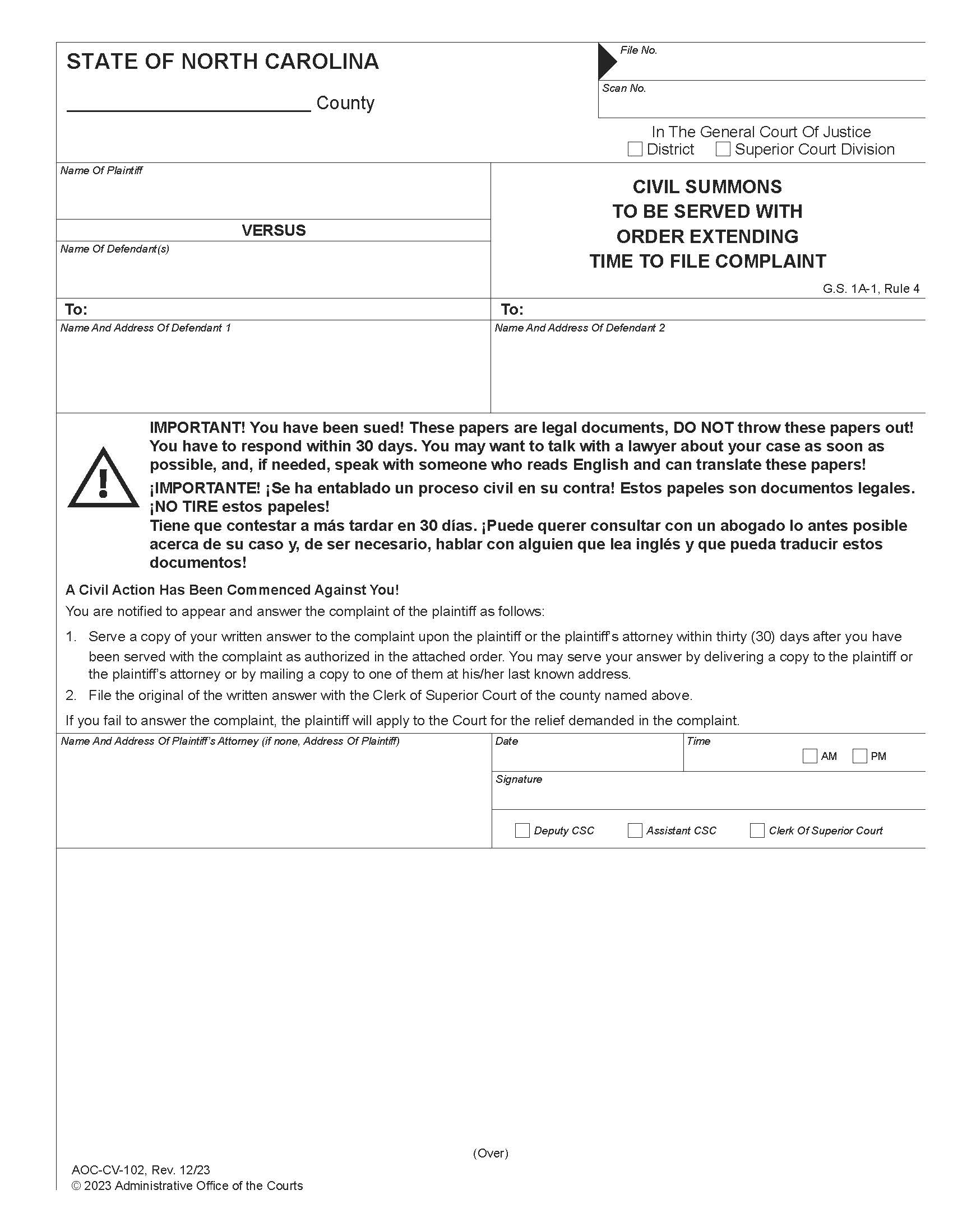 Civil Summons To Be Served With Order Extending Time To File Complaint {CV-102} | Pdf Fpdf Doc Docx | North Carolina