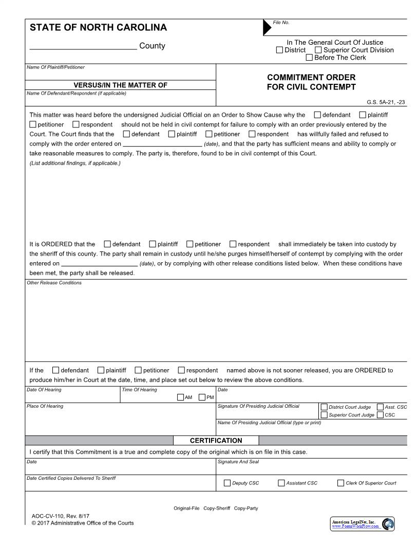 Commitment Order For Civil Contempt {CV-110} | Pdf Fpdf Docx | North Carolina