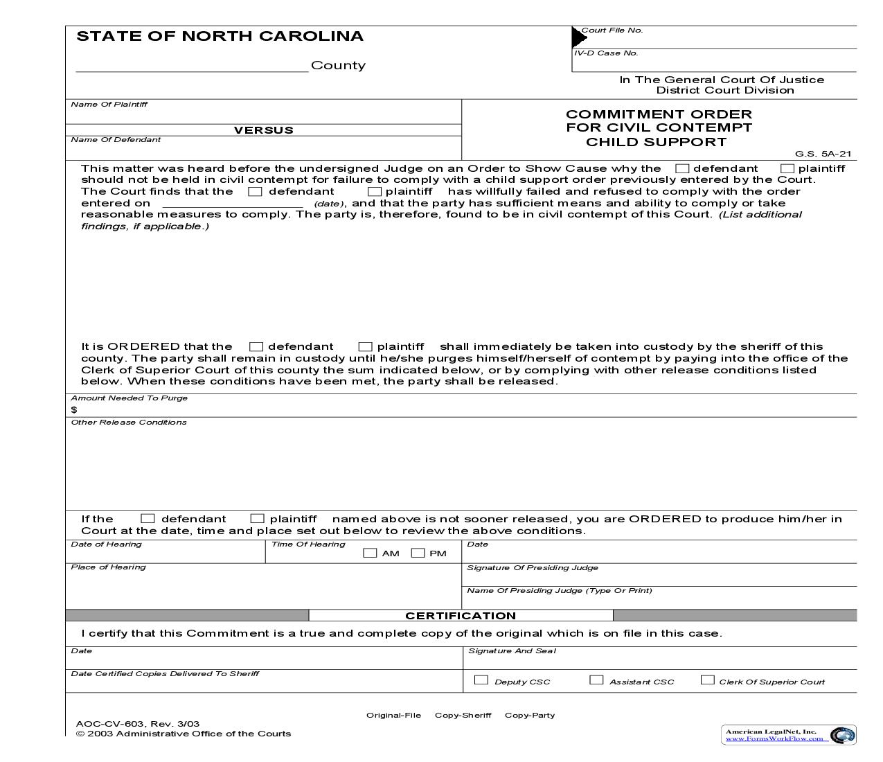 Commitment Order For Civil Contempt Child Support {CV-603} | Pdf Fpdf Doc Docx | North Carolina