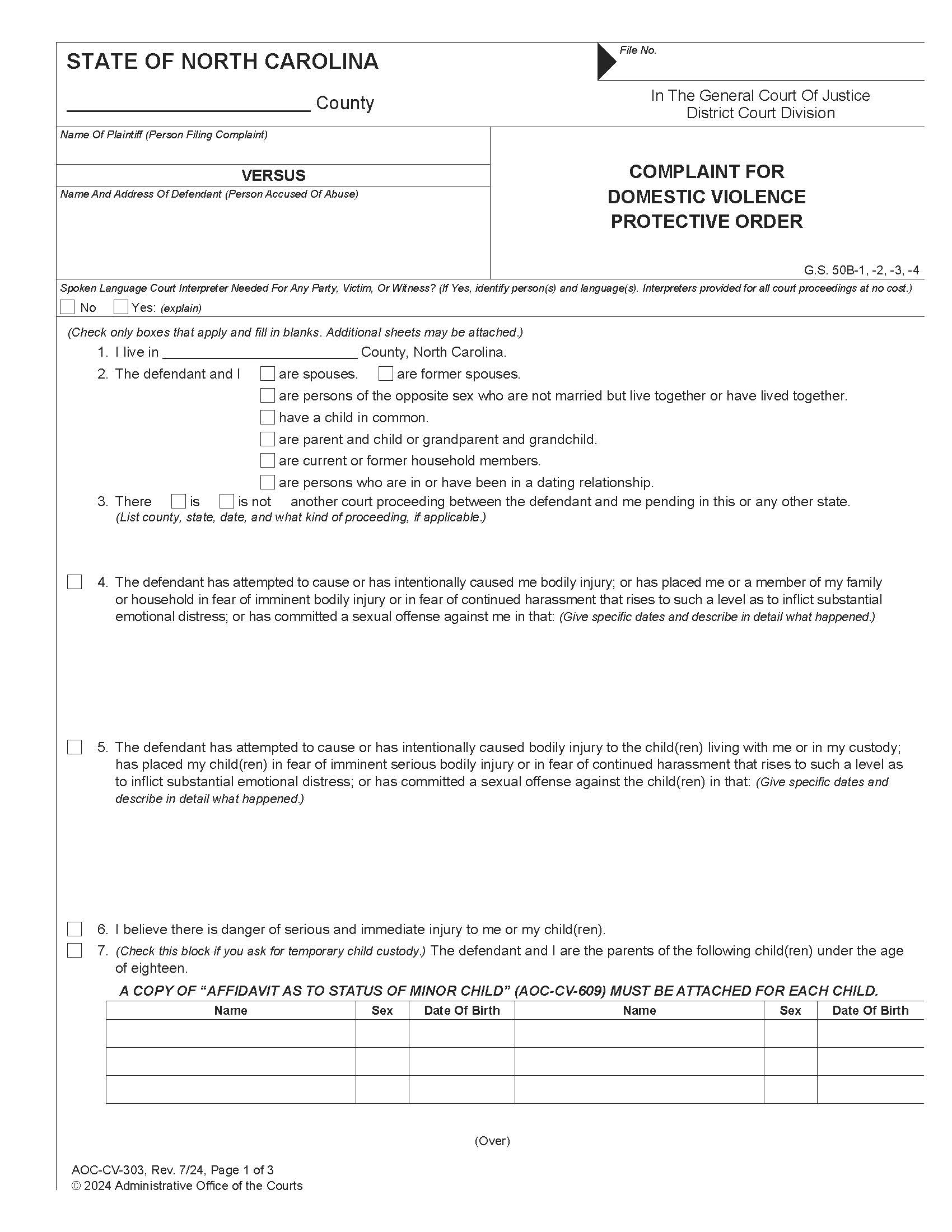 Complaint And Motion For Domestic Violence Protective Order {CV-303} | Pdf Fpdf Doc Docx | North Carolina