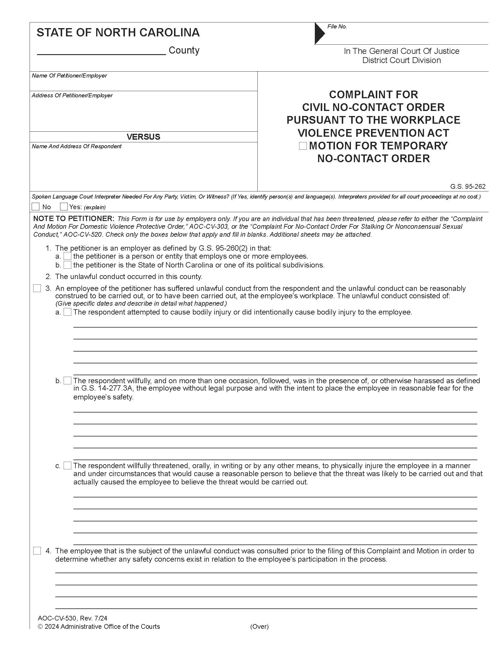 Complaint For Civil No Contact Order Pursuant To The Workplace Violence Prevention Act Motion For Temporary No Contact Order {CV-530} | Pdf Fpdf Doc Docx | North Carolina