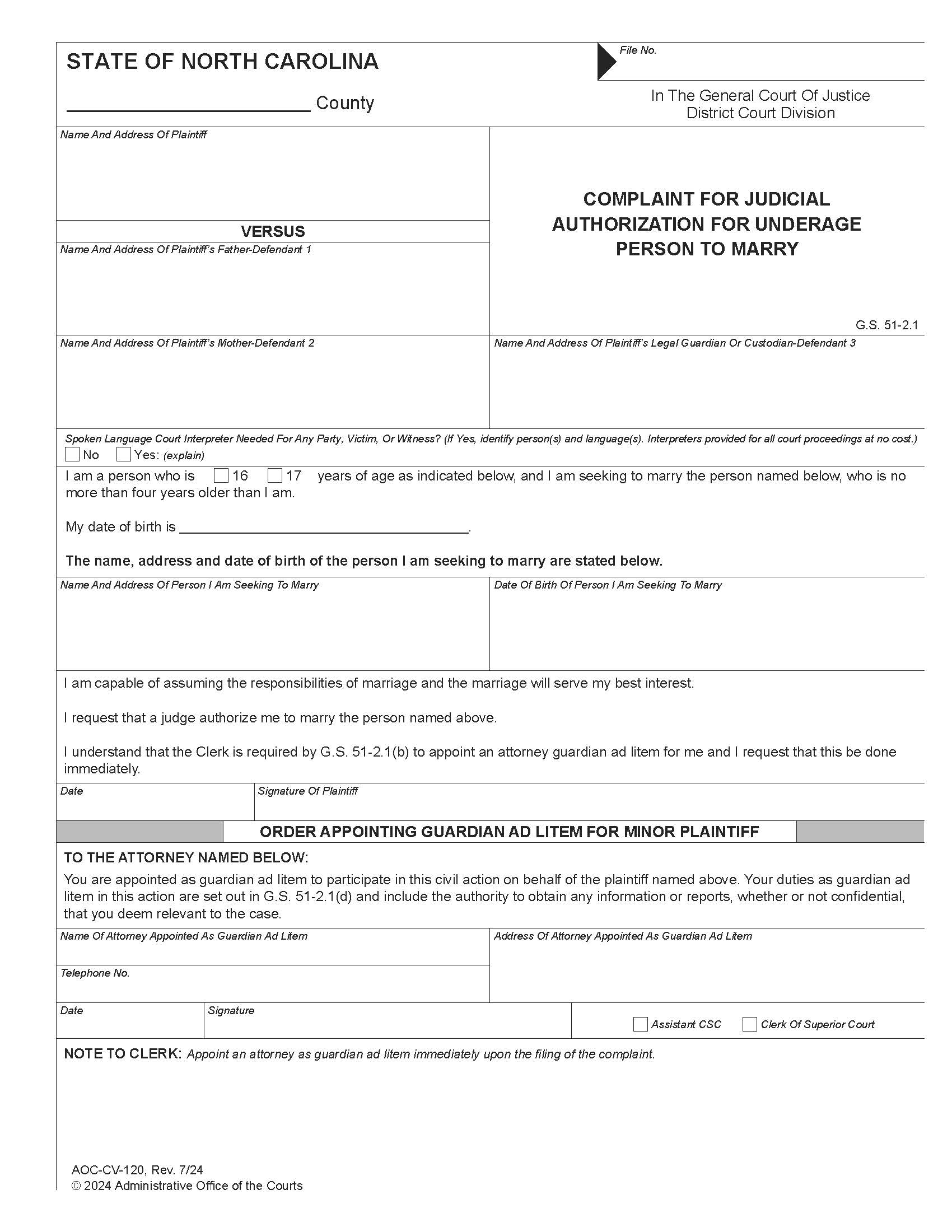 Complaint For Judicial Authorization For Underage Person To Marry {CV-120} | Pdf Fpdf Doc Docx | North Carolina