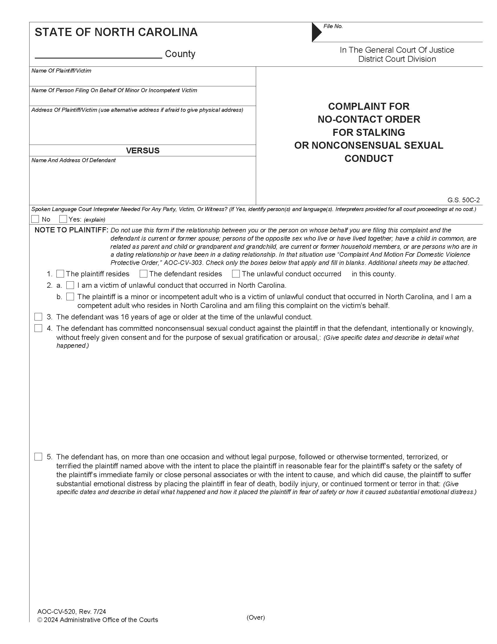 Complaint For No Contact Order For Stalking Or Nonconsensual Sexual Conduct {CV-520} | Pdf Fpdf Doc Docx | North Carolina