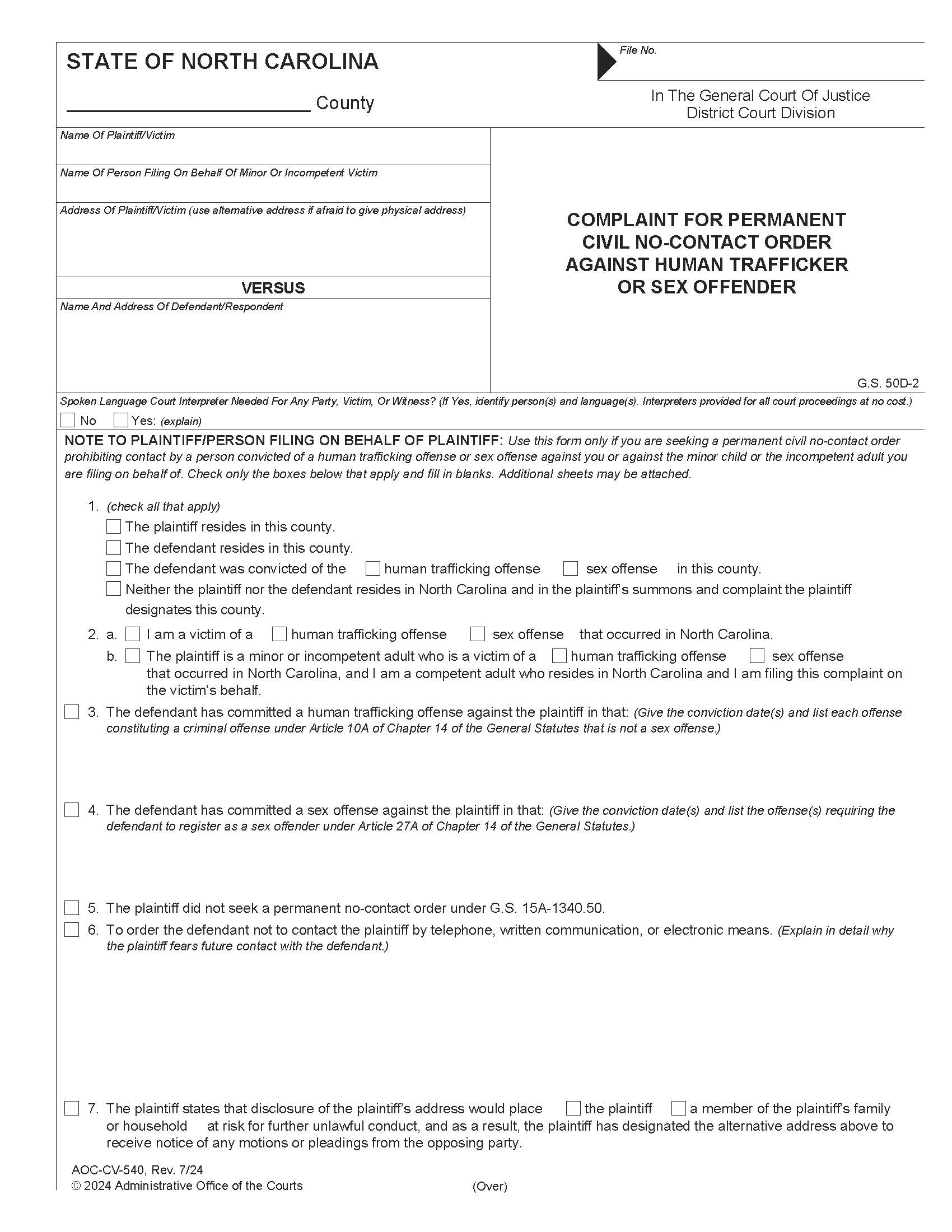 Complaint For Permanent Civil No Contact Order Against Sex Offender {CV-540} | Pdf Fpdf Doc Docx | North Carolina