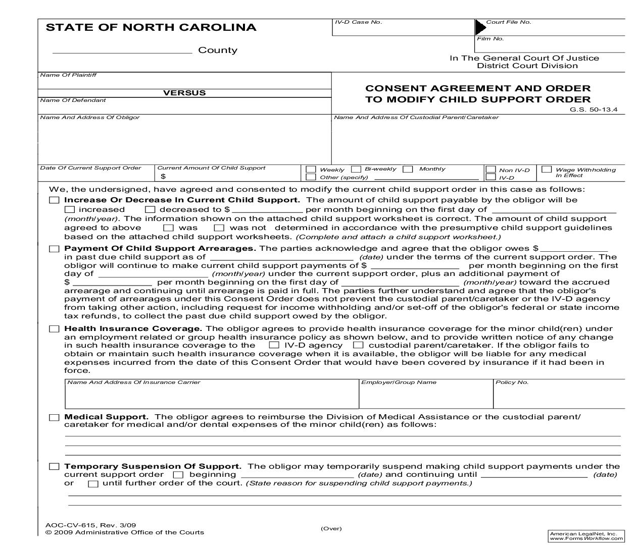 Consent Agreement And Order To Modify Child Support Order {CV-615} |  | North Carolina