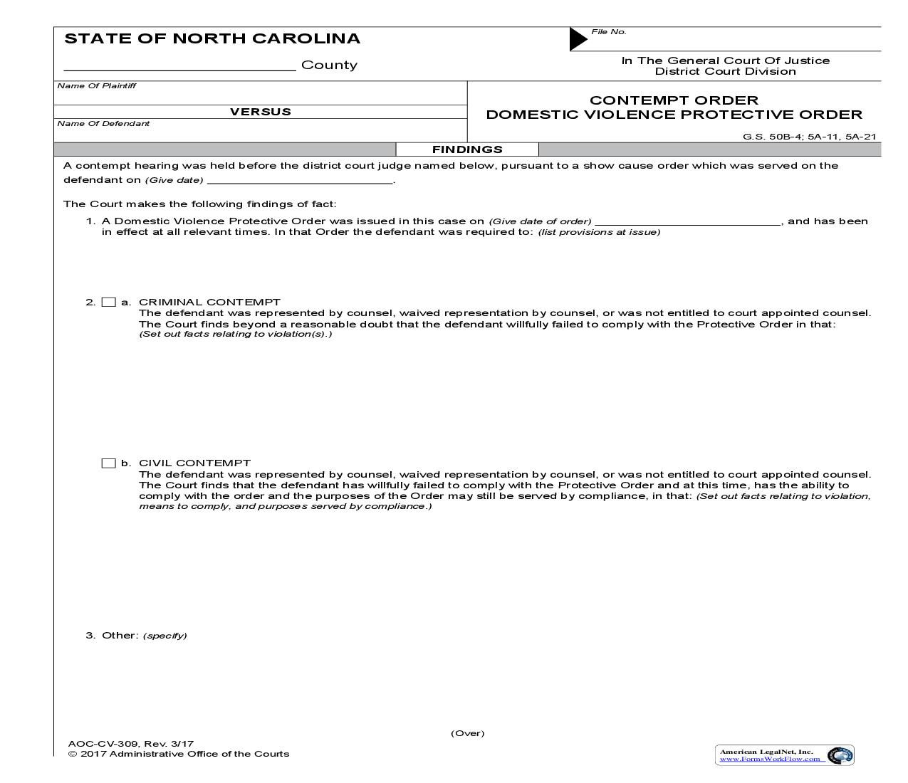 Contempt Order Domestic Violence Protective Order {CV-309} | Pdf Fpdf Doc Docx | North Carolina